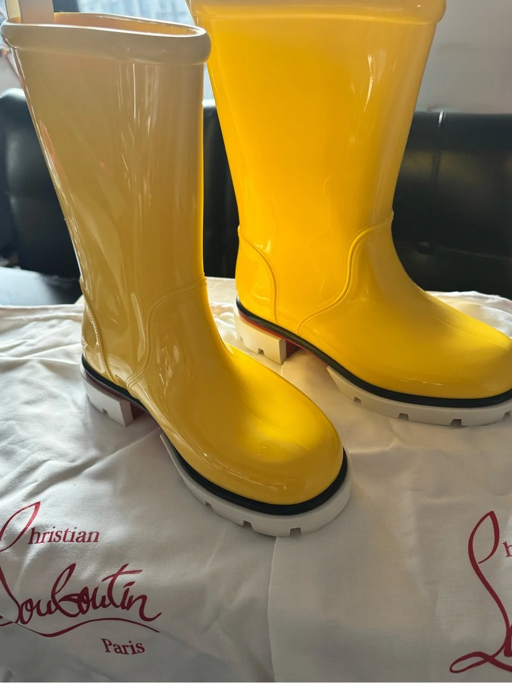 BRAND NEW Christian Louboutin Glossy Yellow Rain Boots ORIGINAL BOX & DUST BAGS